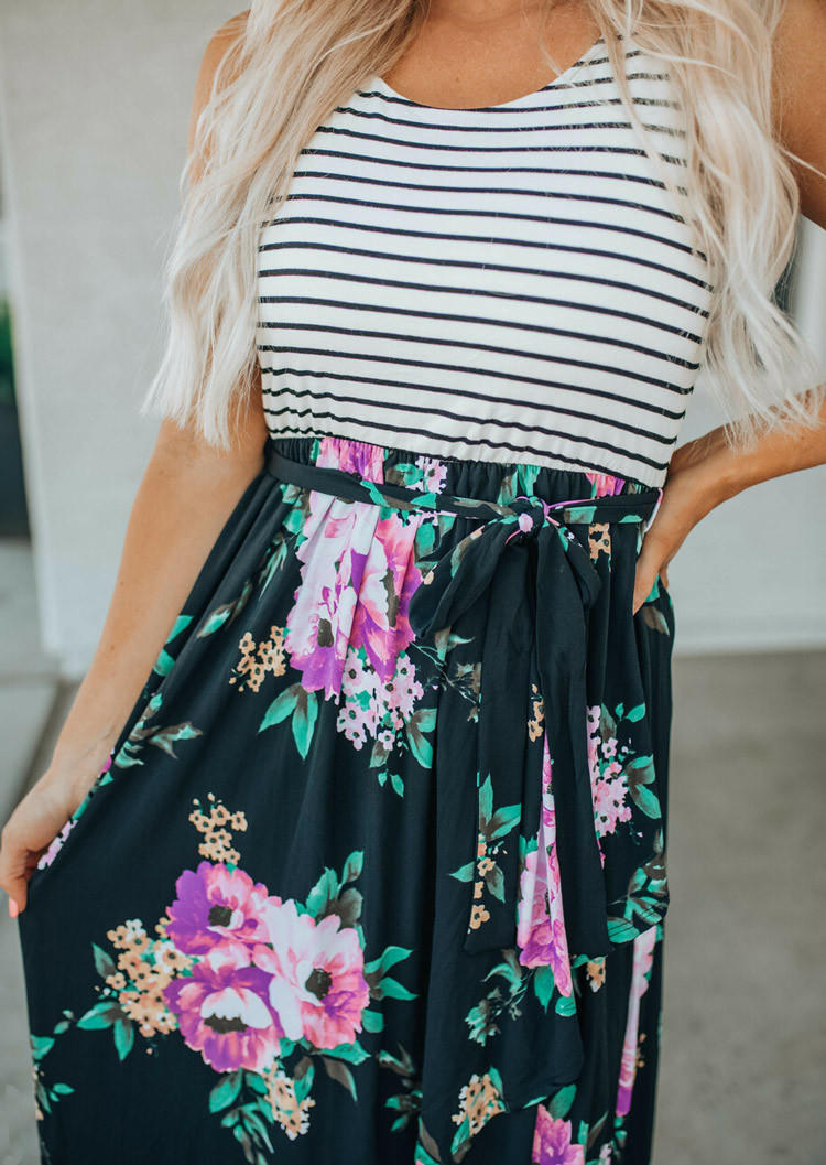 Floral Striped Sleeveless Maxi Dress