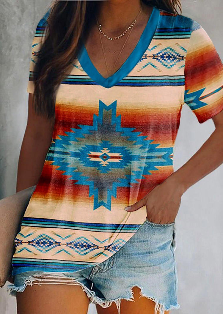 

Aztec Geometric Short Sleeve Blouse, Multicolor, 534861
