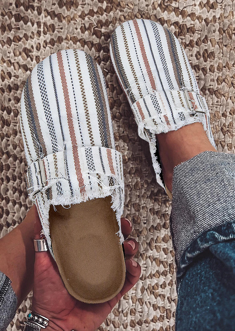 

Ethnic Striped Frayed Hem Round Toe Flat Slippers, Multicolor, 535119