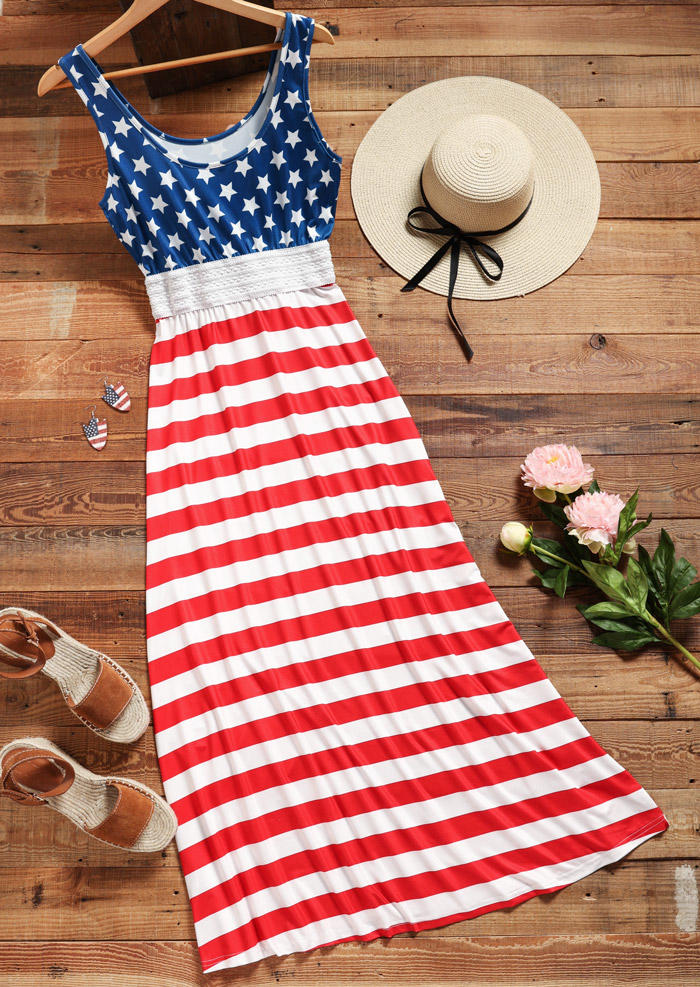 American Flag Pocket Sleeveless Maxi Dress - Blue