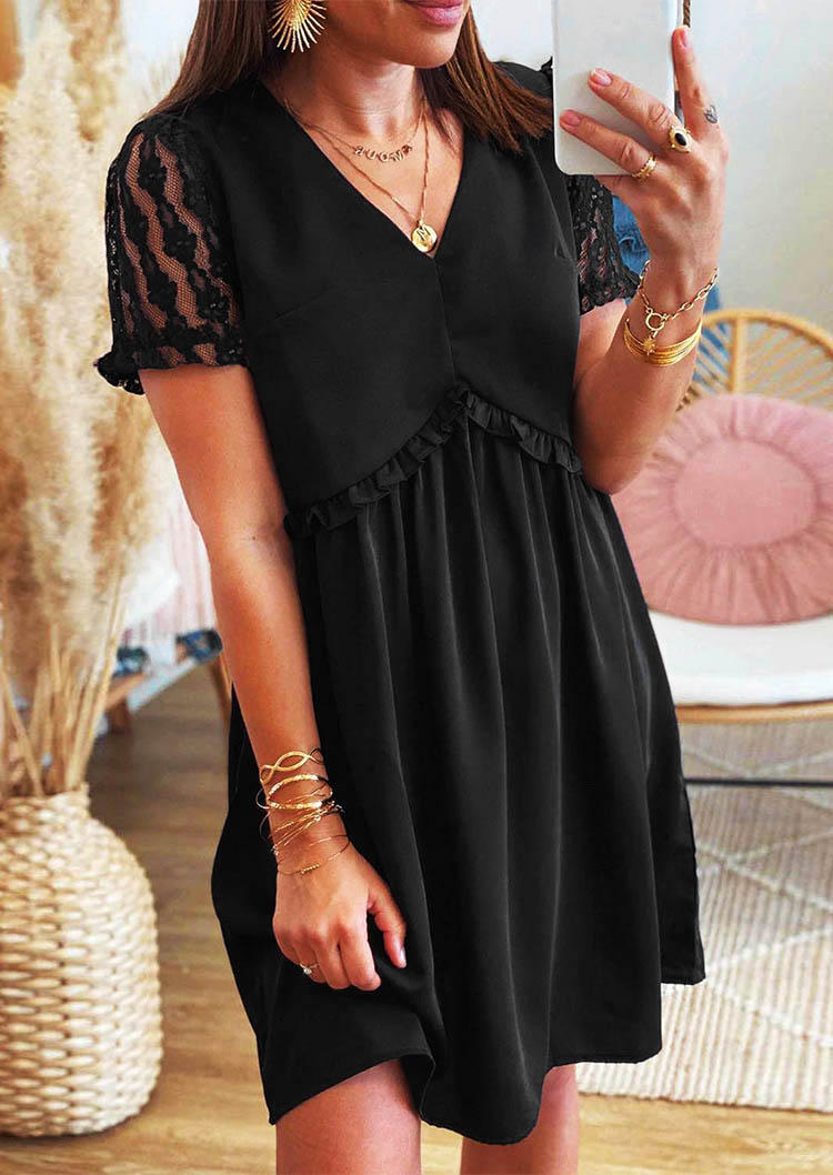 

Lace Splicing Ruffled Mini Dress - Black, 535220