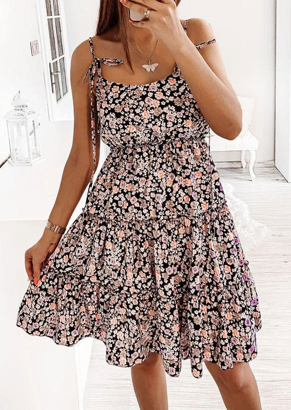 

Floral Ruffled Tie Spaghetti Strap Mini Dress - Black, 535226