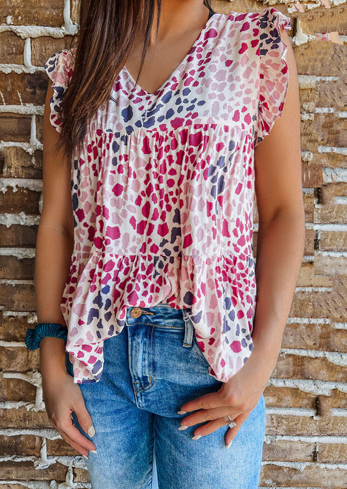 

Abstract Geometric Colorful Mosaic Ruffled Cap Sleeve Blouse, Multicolor, SCM001315