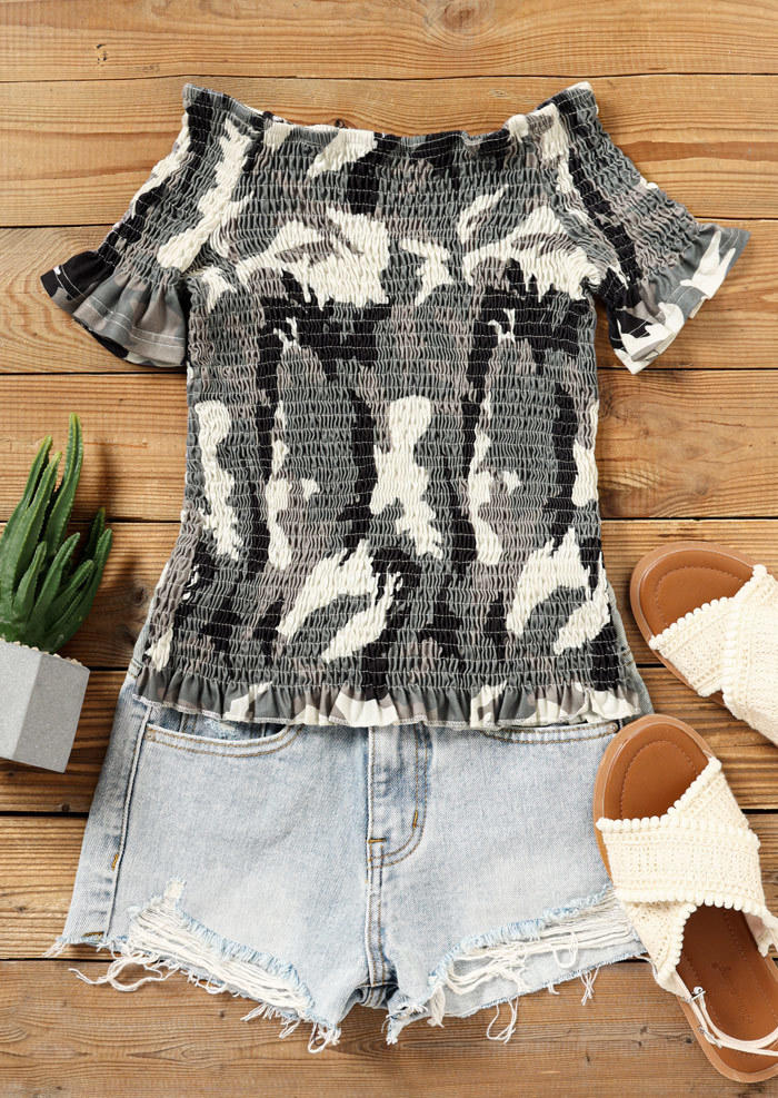 Camouflage Ruffled Smocked Off Shoulder Blouse