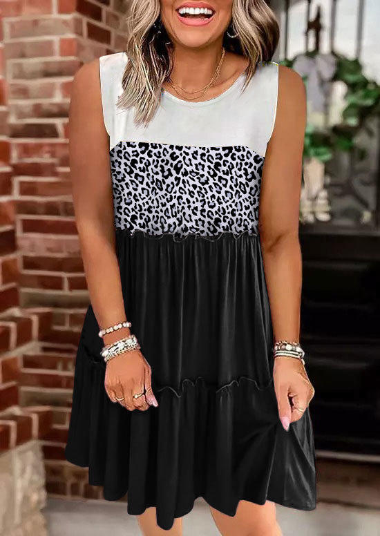 Leopard Ruffled Sleeveless Mini Dress - Black