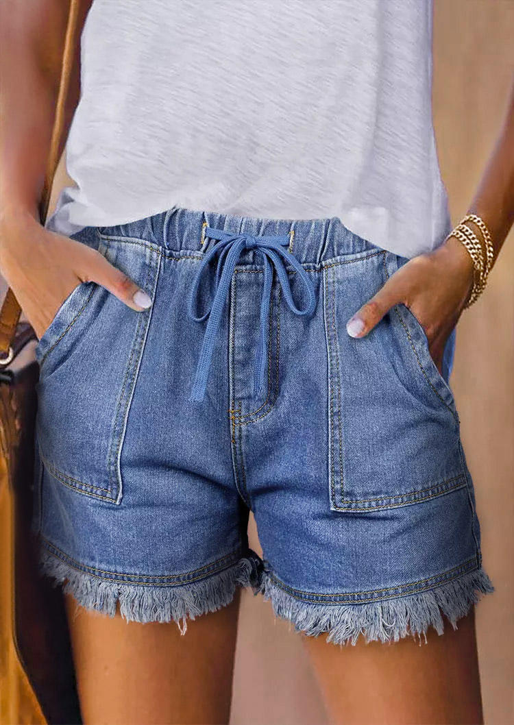 

Frayed Hem Pocket Drawstring Denim Shorts - Blue, 534473