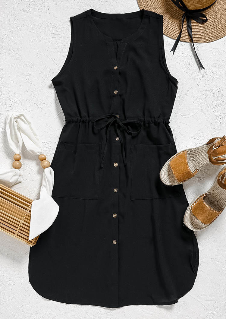 Button Pocket Drawstring Sleeveless Mini Dress - Black