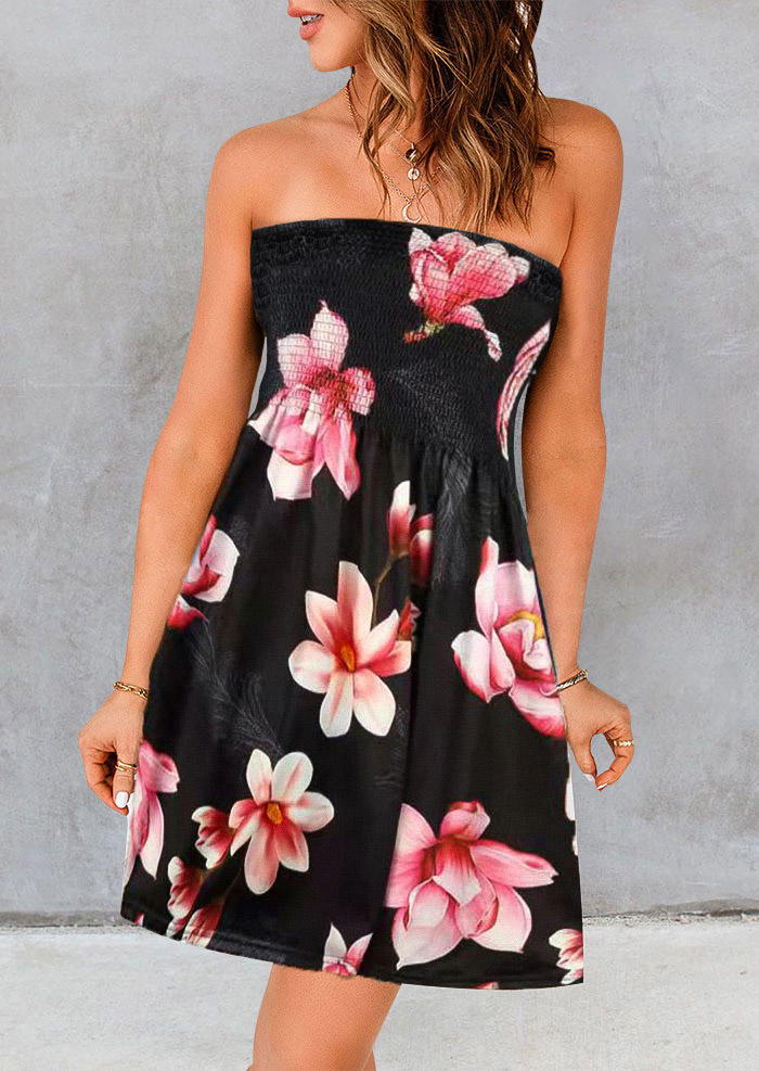 

Floral Smocked Strapless Ruffled Mini Dress - Black, 534790