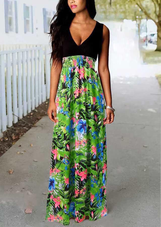 

Floral Palm Leaf Smocked V-Neck Maxi Dress - Green, 535230