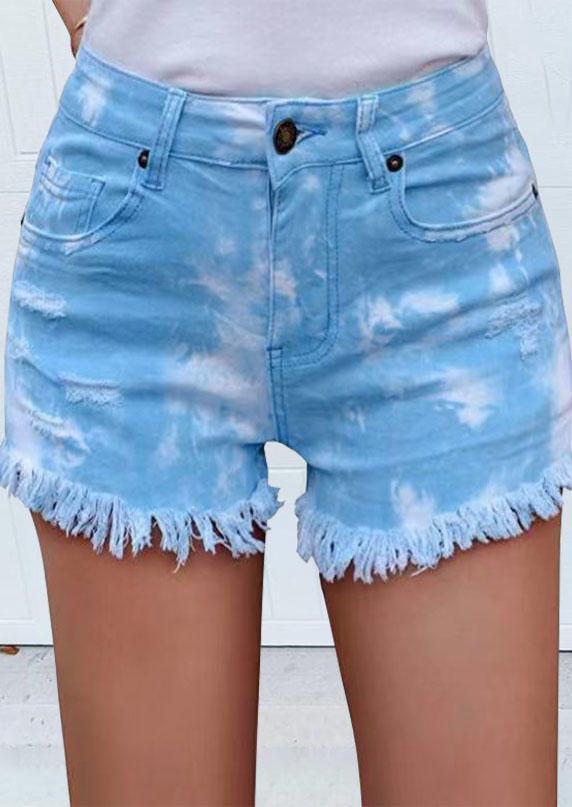 

Tie Dye Tassel Frayed Hem Denim Shorts - Sky Blue, 535246