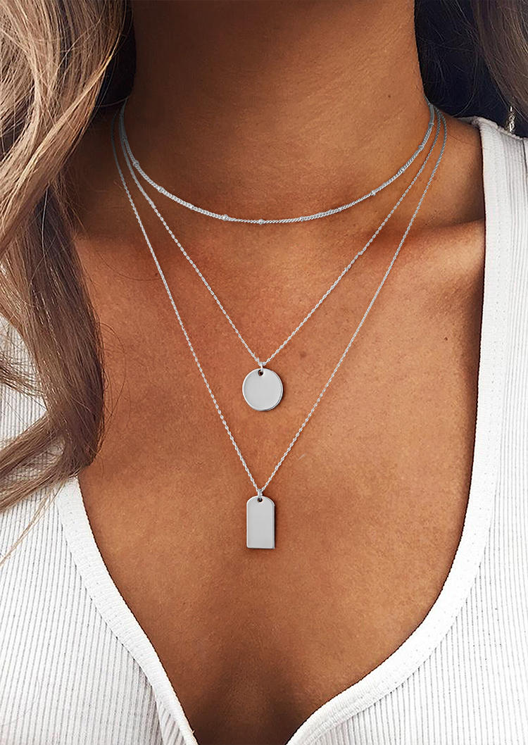 

2Pcs Simple Circle Alloy Pendant Necklace, Silver, 535318
