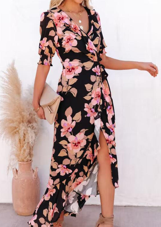 

Floral Wrap Slit Smocked Sleeve Maxi Dress - Black, 535339