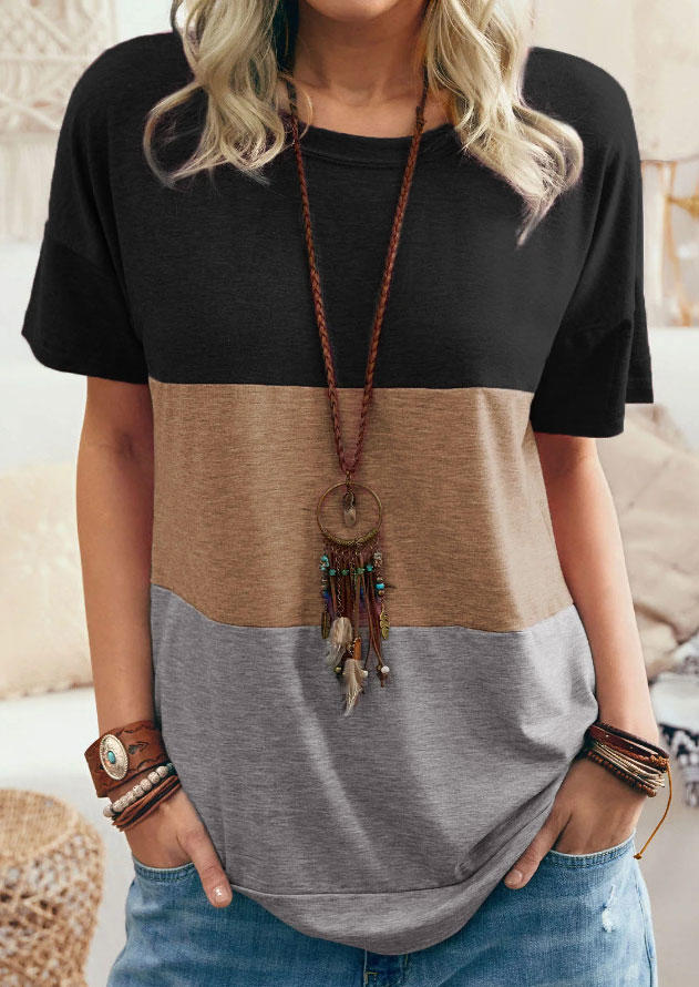 

Color Block Short Sleeve O-Neck Blouse, Multicolor, 535367