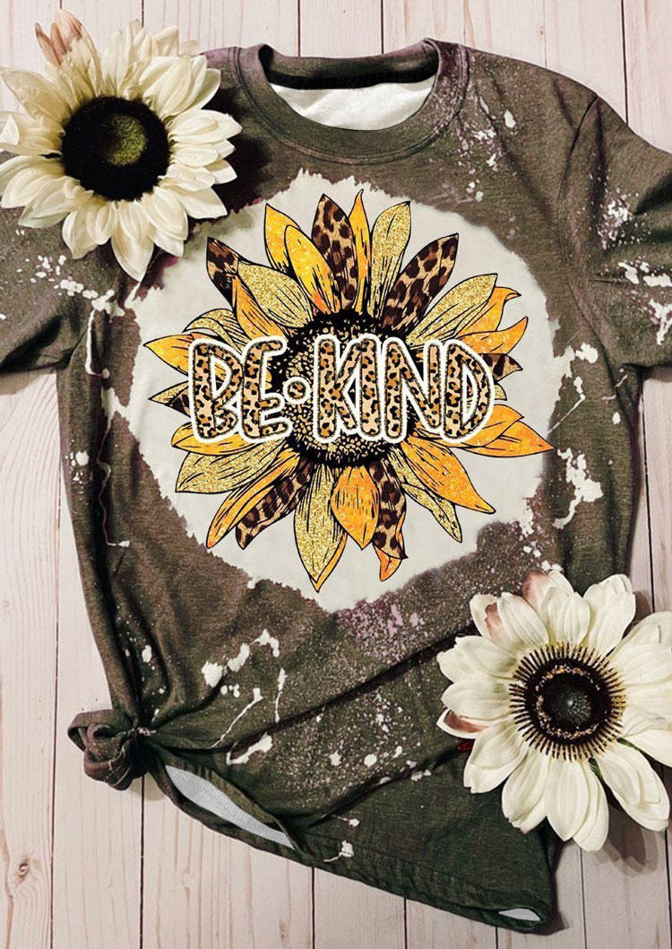 Be Kind Sunflower Leopard Bleached T-Shirt Tee - Coffee