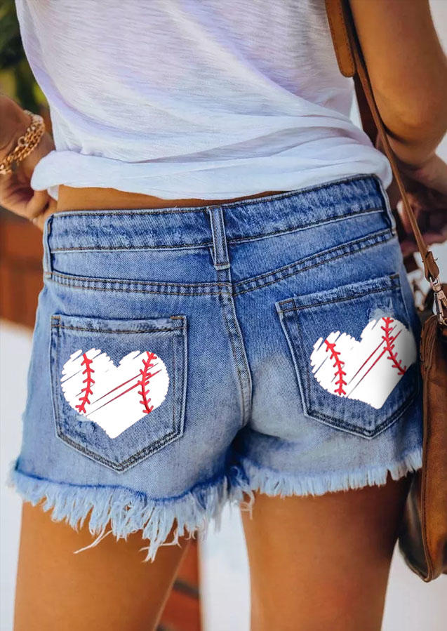 

Baseball Ripped Hole Frayed Denim Shorts - Blue, 535412