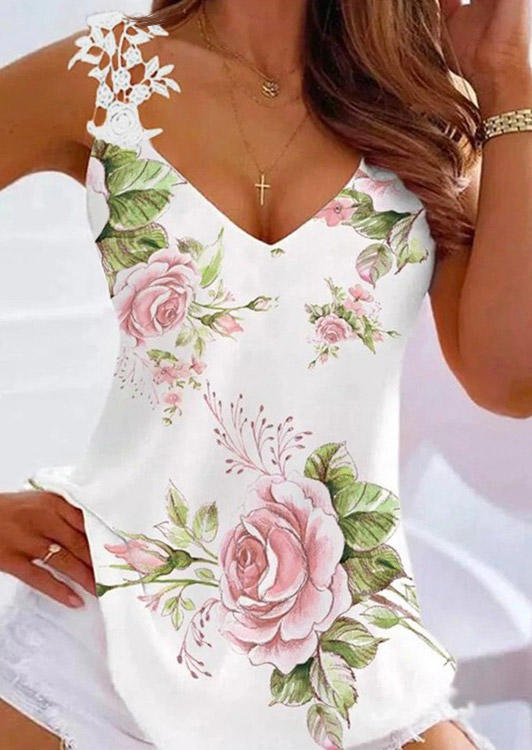 

Lace Splicing Floral V-Neck Tank - White, 535433