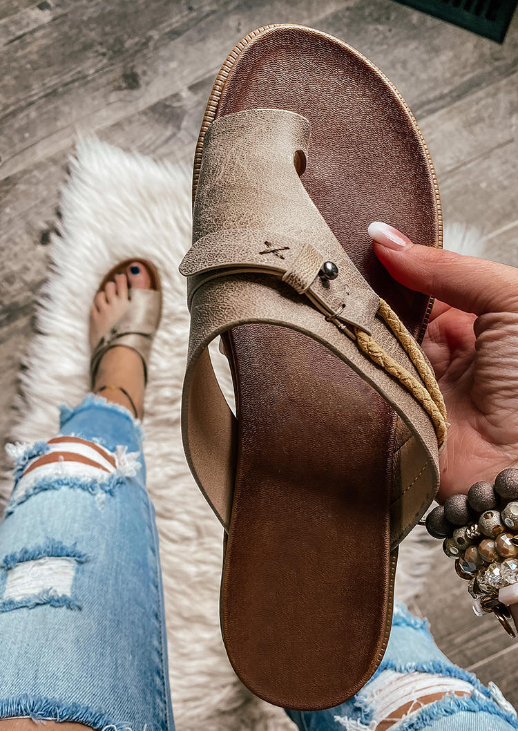 Summer Toe Ring Flat Slippers - Khaki