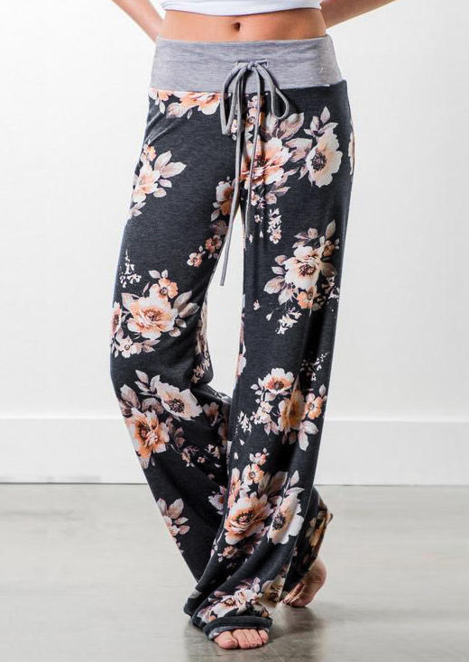 

Floral Drawstring Wide Leg Pants - Black, 535437