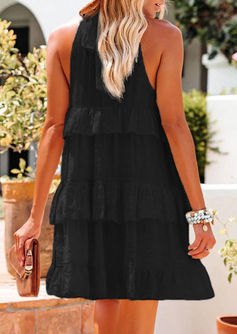 Ruffled Tie Pocket Mini Dress - Black