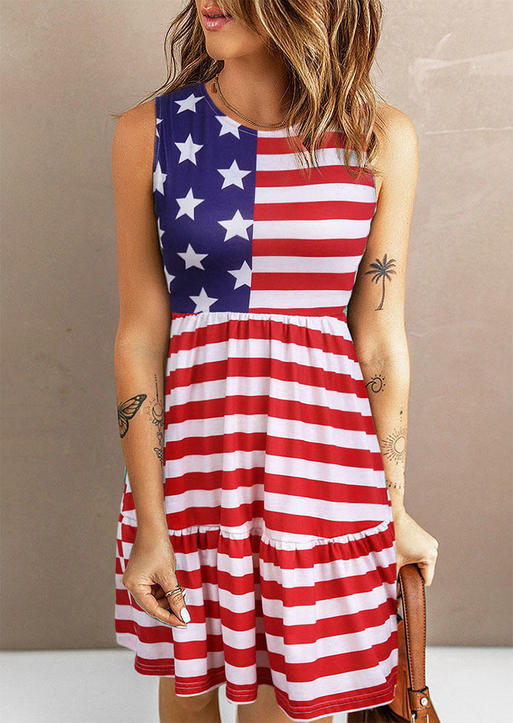 American Flag Ruffled Sleeveless Mini Dress - Bellelily