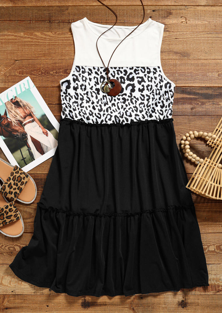 Leopard Ruffled Sleeveless Mini Dress - Black