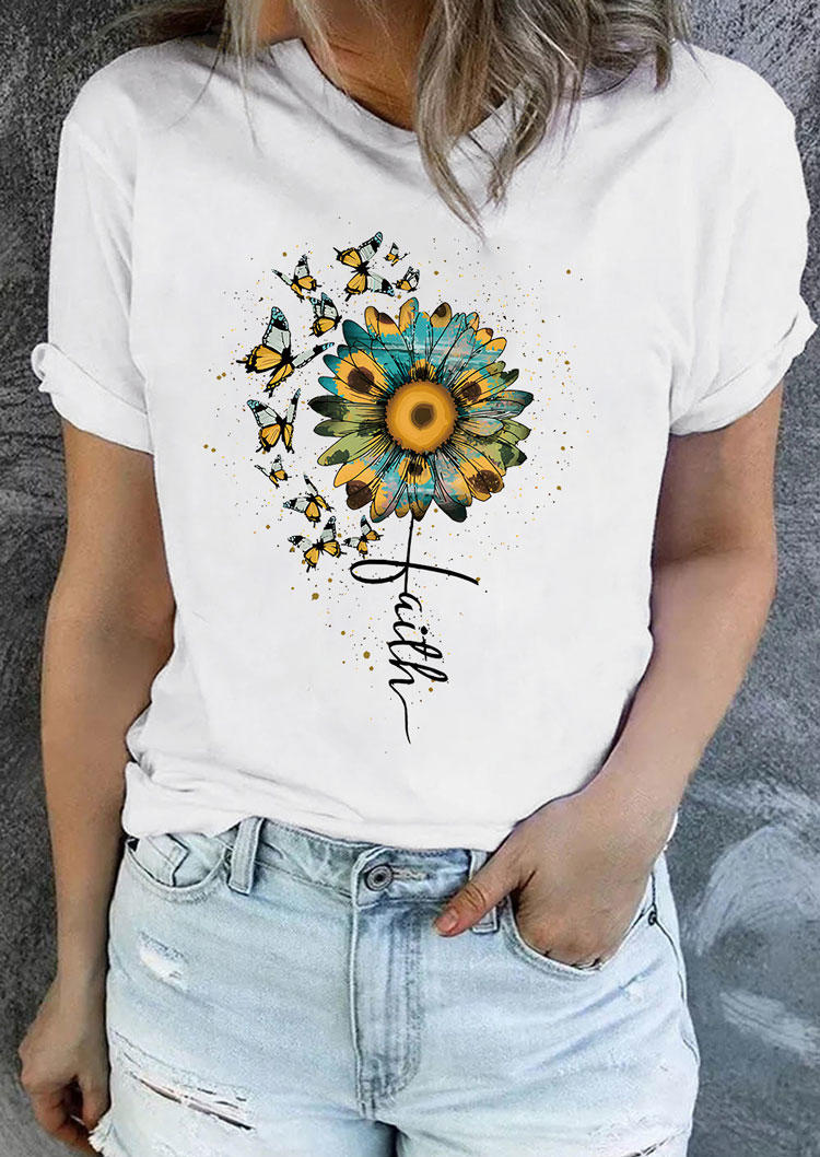 Faith Butterfly Sunflower T-Shirt Tee - White, 535049