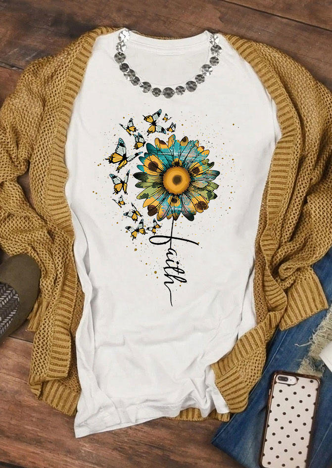 Faith Butterfly Sunflower T-Shirt Tee - White