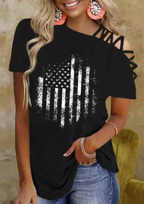 American Flag Criss-Cross One Sided Cold Shoulder Blouse - Black
