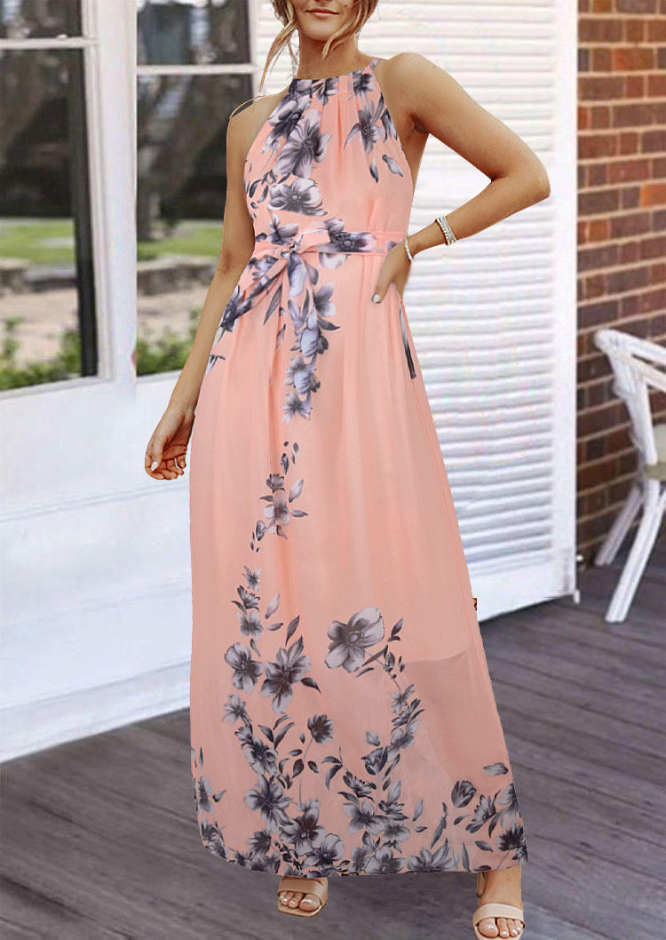 

Floral Ruffled Sleeveless Chiffon Maxi Dress with Belt - Pink, 535274