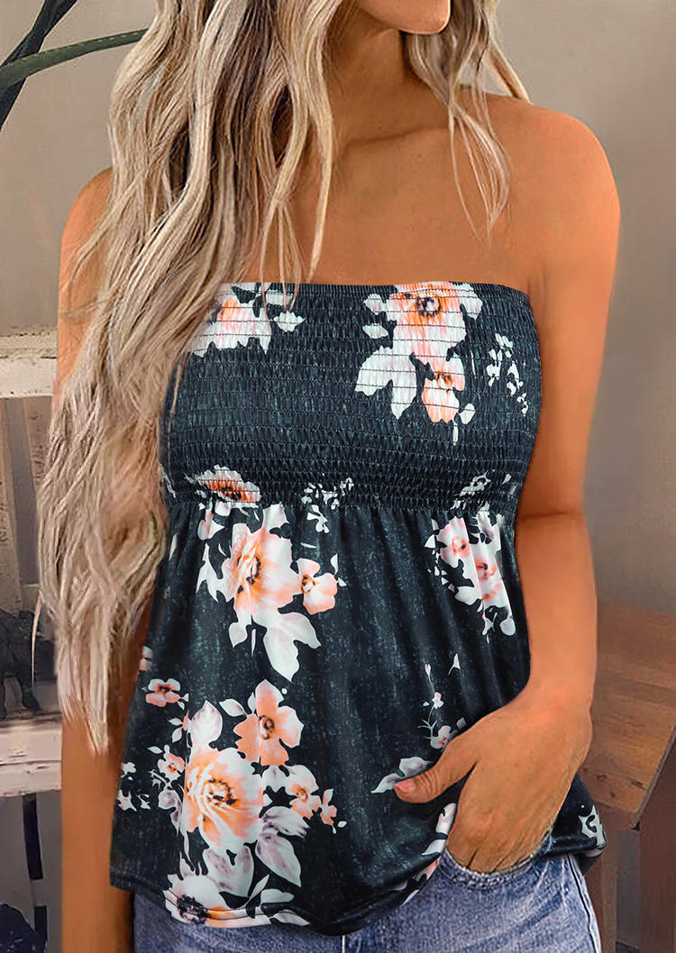 

Floral Smocked Strapless Bandeau Tank - Dark Grey, Gray, 535320