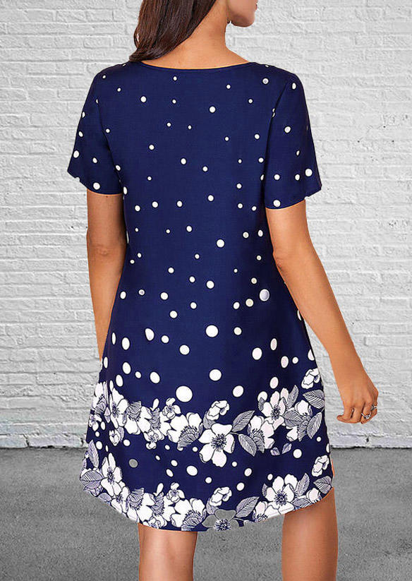 Floral Polka Dot Hollow Out Mini Dress - Navy Blue