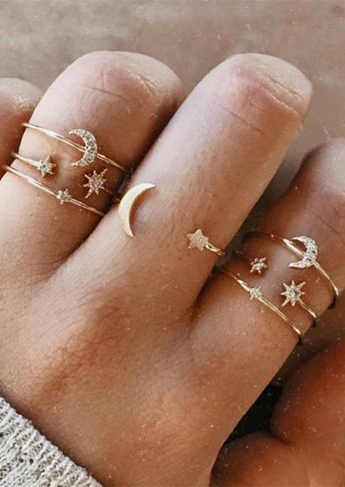 

7Pcs Moon Star Rhinestone Ring Set, Gold, 535483