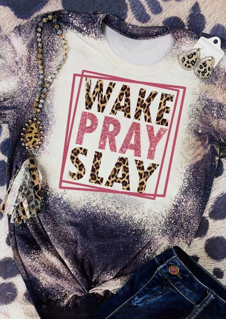 

Wake Pray Slay Leopard Bleached T-Shirt Tee - Gray, 535514