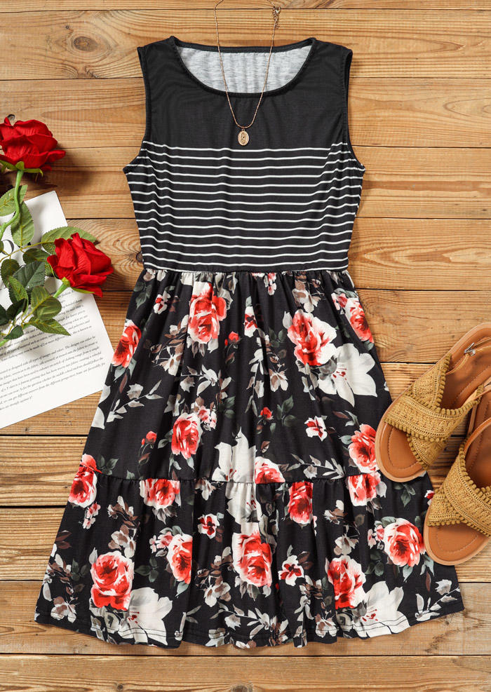 Floral Striped Ruffled Mini Dress - Black