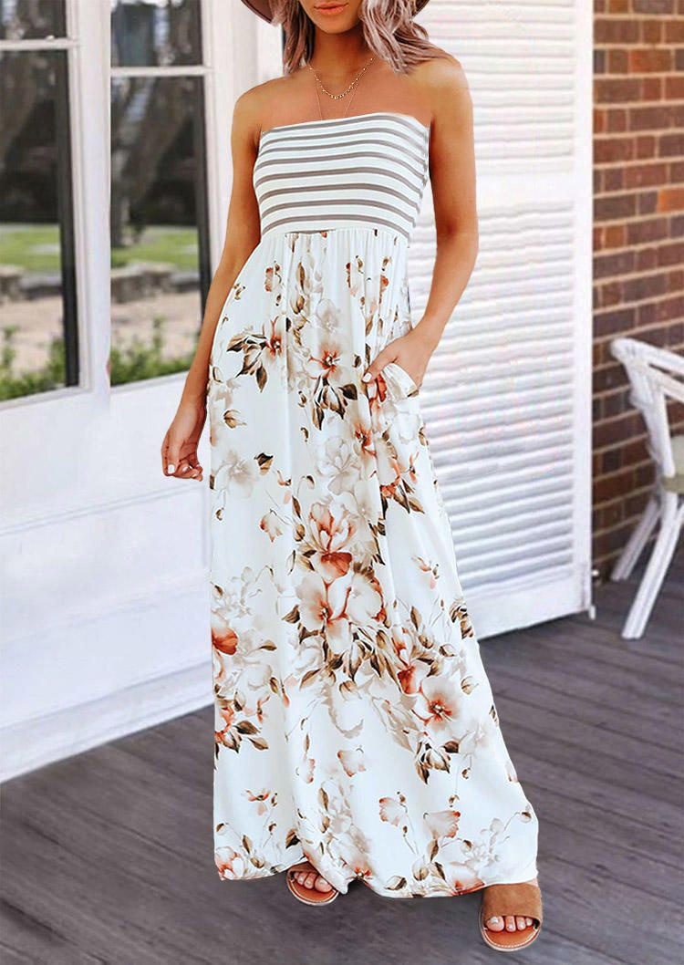

Floral Striped Pocket Strapless Bandeau Maxi Dress, Multicolor, SCM001549