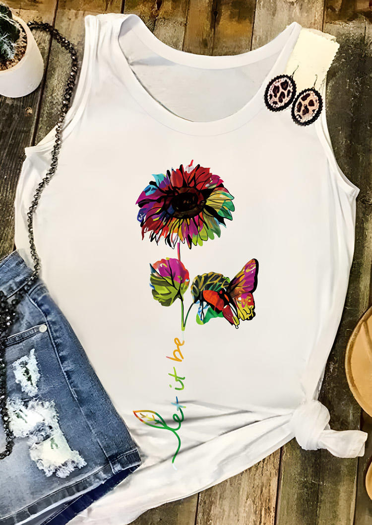 Let It Be Floral Butterfly O-Neck Tank - White
