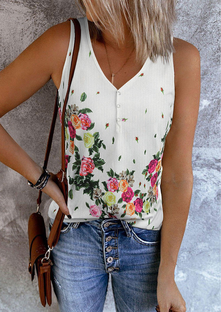 

Floral Snap Button V-Neck Tank, Multicolor, 535142