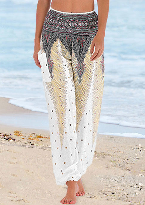 

Bohemian Feather Pocket High Waist Yoga Harem Pants, White, 535330