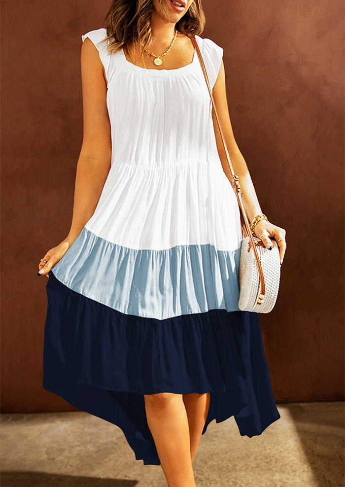 

Color Block Ruffled High Low Hem Midi Dress, Multicolor, 535376
