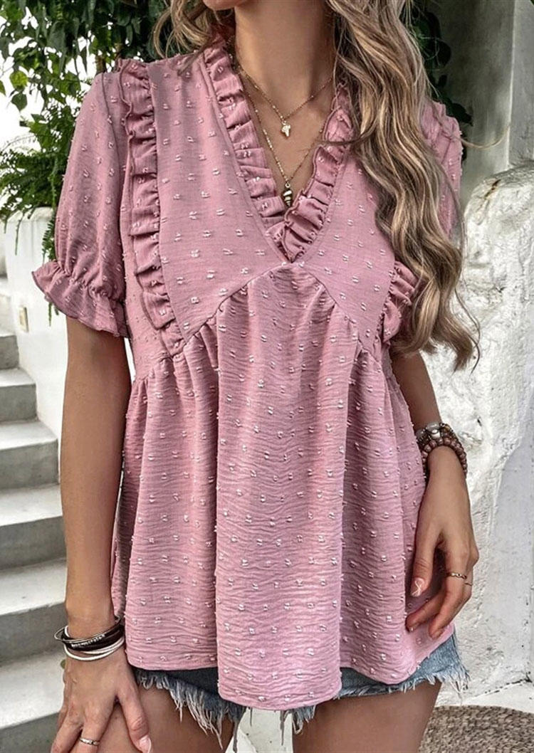 

Dotted Swiss Ruffled V-Neck Blouse - Pink, 535637