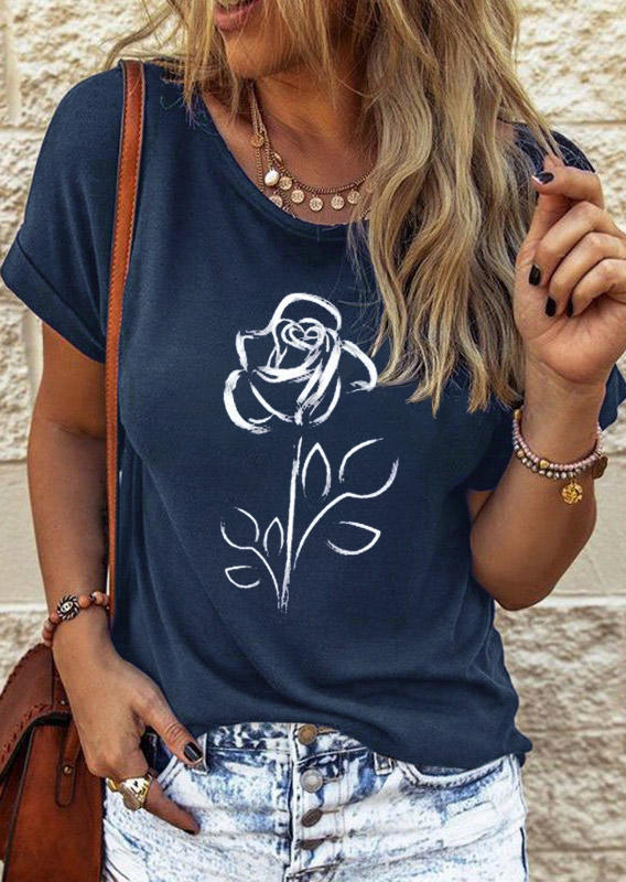 

Rose O-Neck Casual T-Shirt Tee - Deep Blue, SCM001512