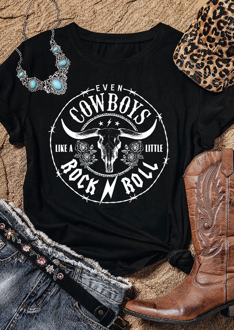 

Even Cowboys Like A Little Rock N Roll T-Shirt Tee - Black, 535293