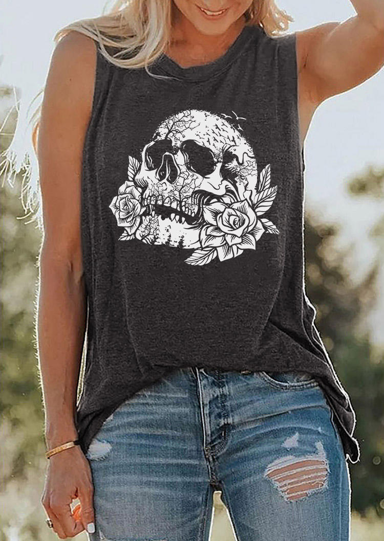 

Skull Rose O-Neck Casual Tank - Dark Grey, 535295