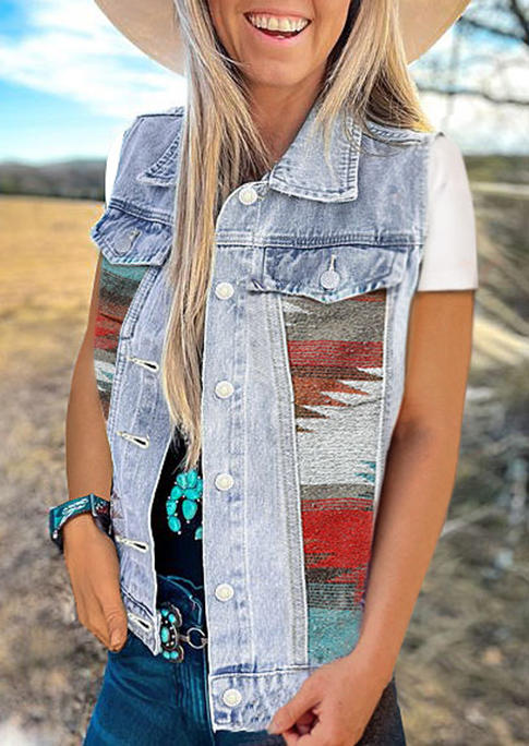 

Aztec Geometric Pocket Button Denim Vest Coat - Blue, 535328