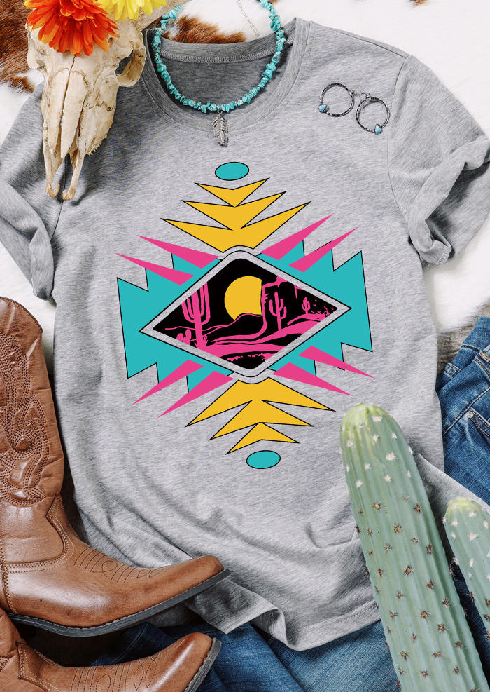

Aztec Geometric Moon Cactus T-Shirt Tee - Gray, 535375