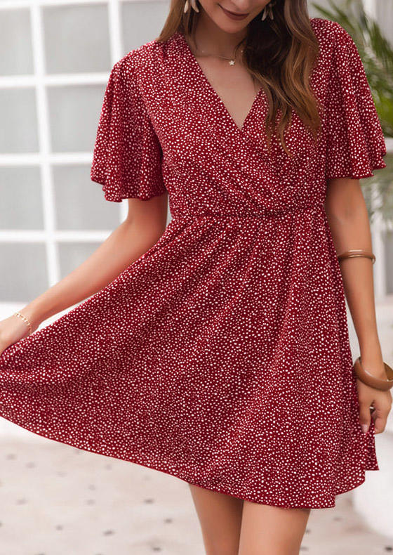 

Wrap Flare Sleeve A-Line Mini Dress - Burgundy, 535438