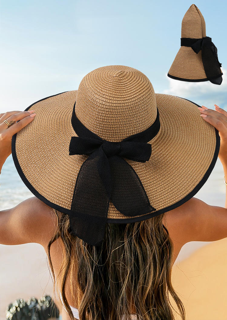 

Bowknot Sun Visor Wide Brim Straw Hat, Khaki, 535598
