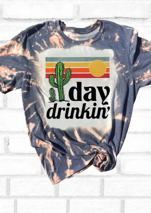 

Day Drinkin' Cactus Sunset Bleached T-Shirt Tee - Gray, 535654