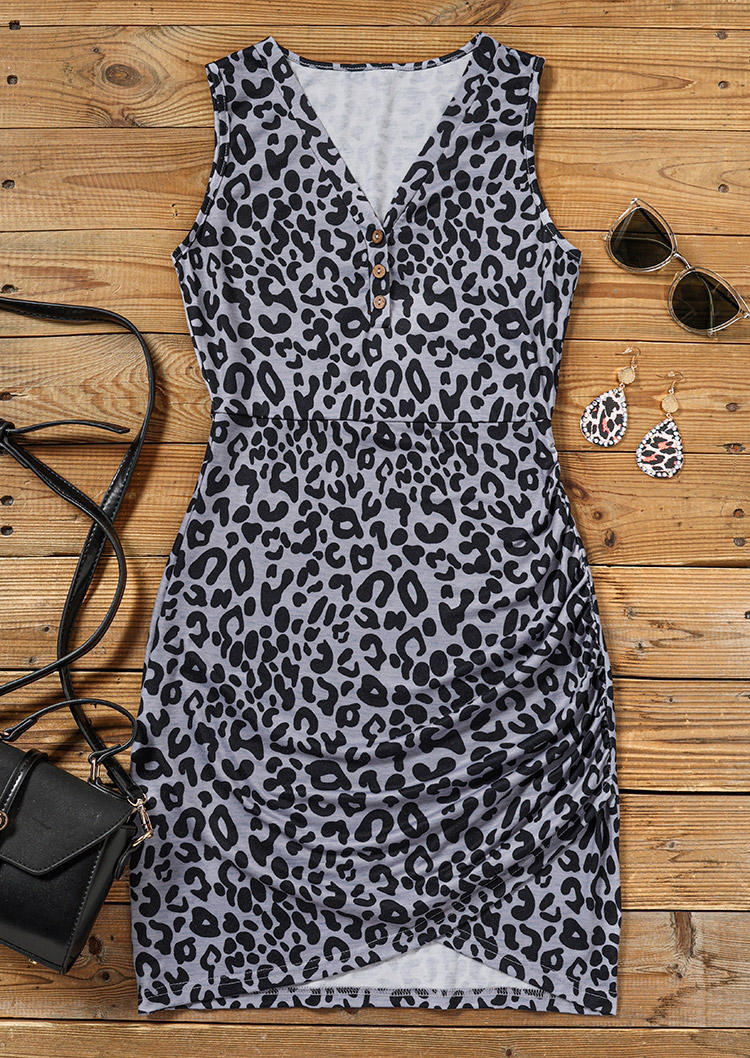Leopard Ruched Button V-Neck Bodycon Dress
