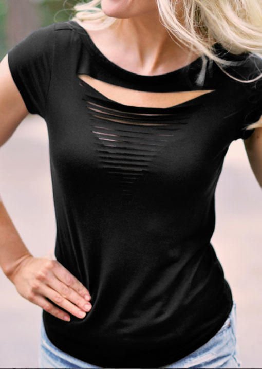 

Cut Out Hollow Out O-Neck Blouse - Black, SCM001561